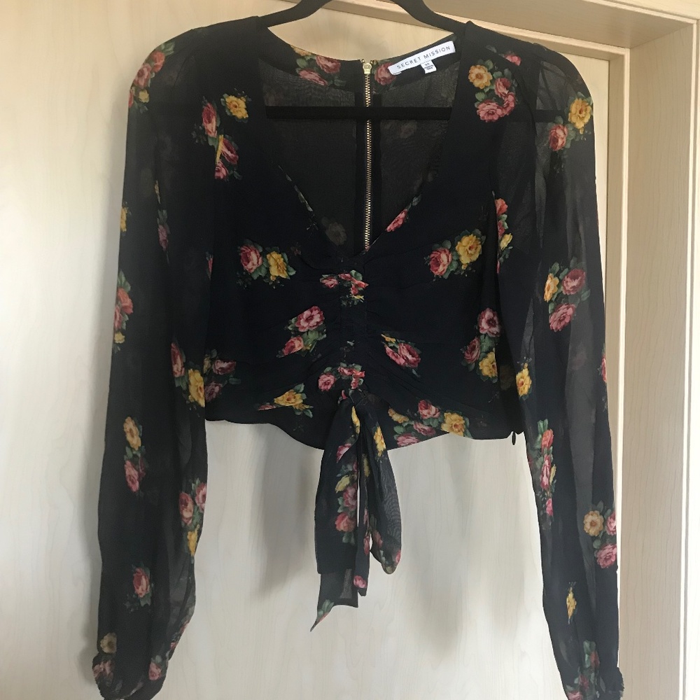 Secret Mission black floral crop long-sleeve sheer top